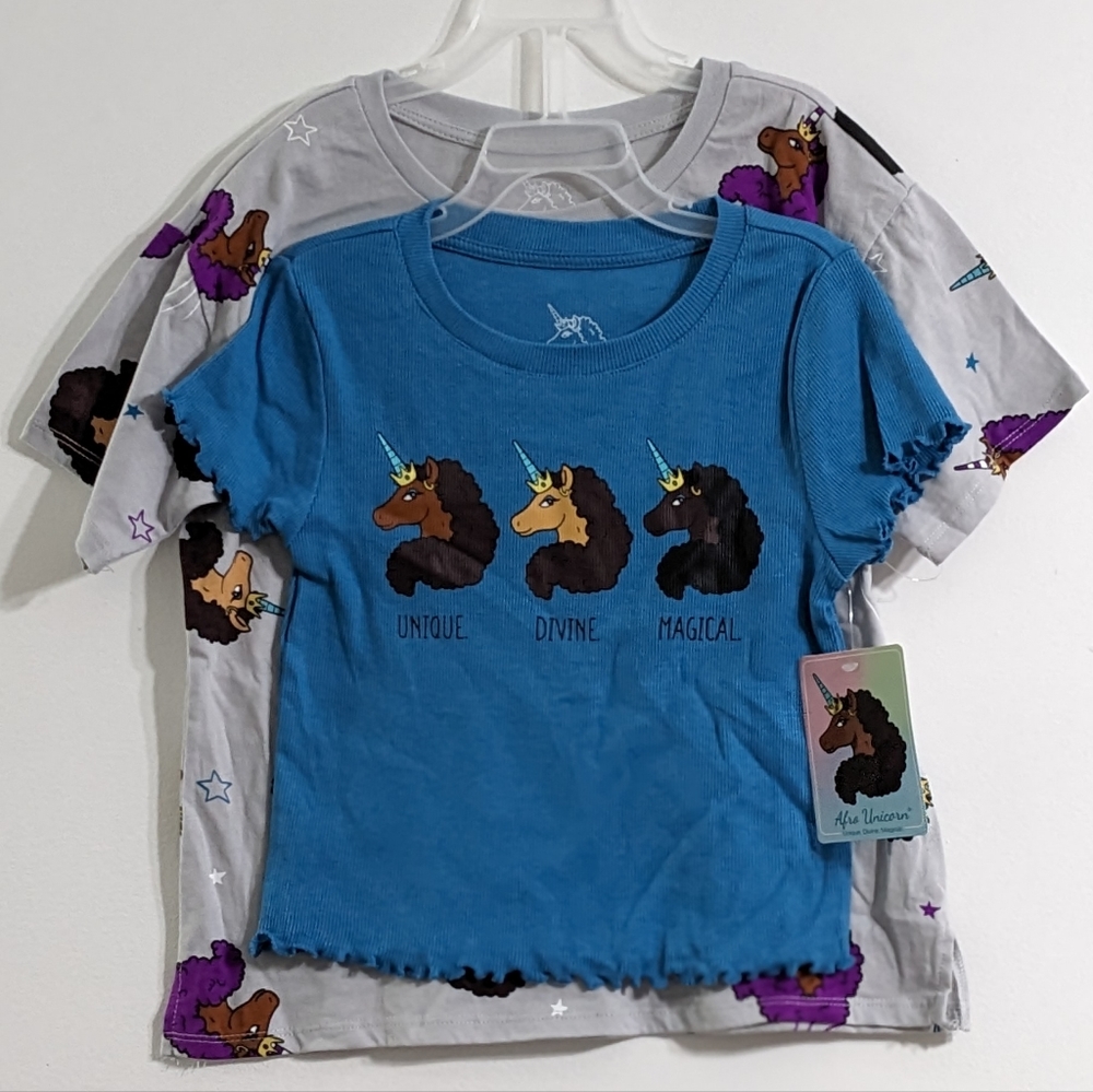 Afro Unicorn Girls Graphic T-Shirts, 2 Pack, Size Medium(7/8), New With Tag